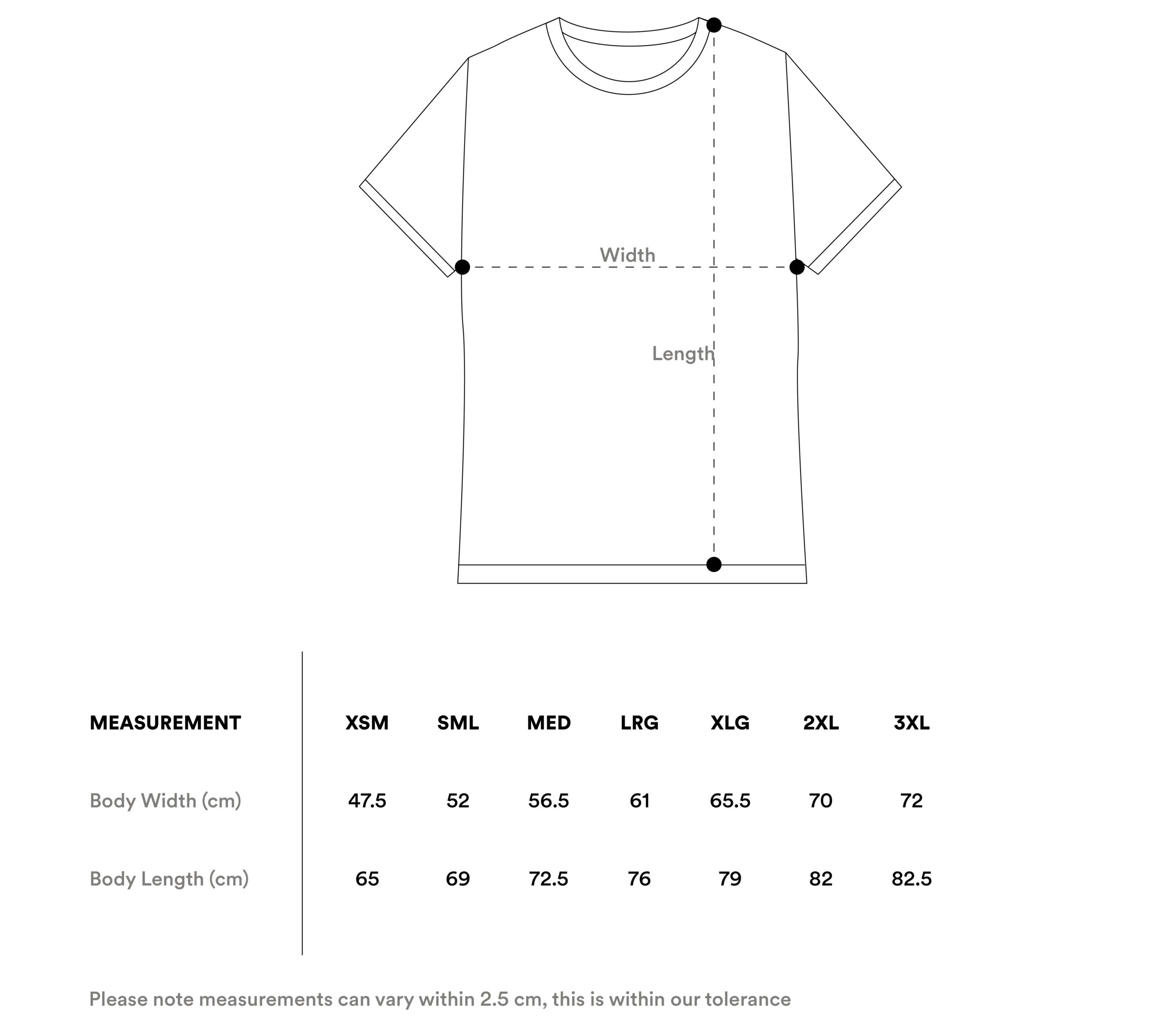 T-shirt size guide centimeters