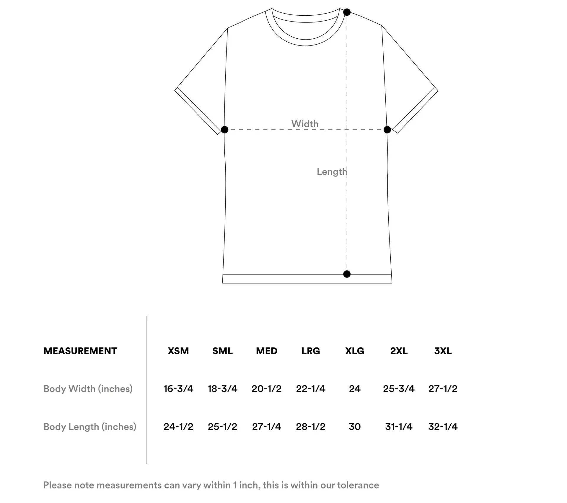 T-shirt size guide inches