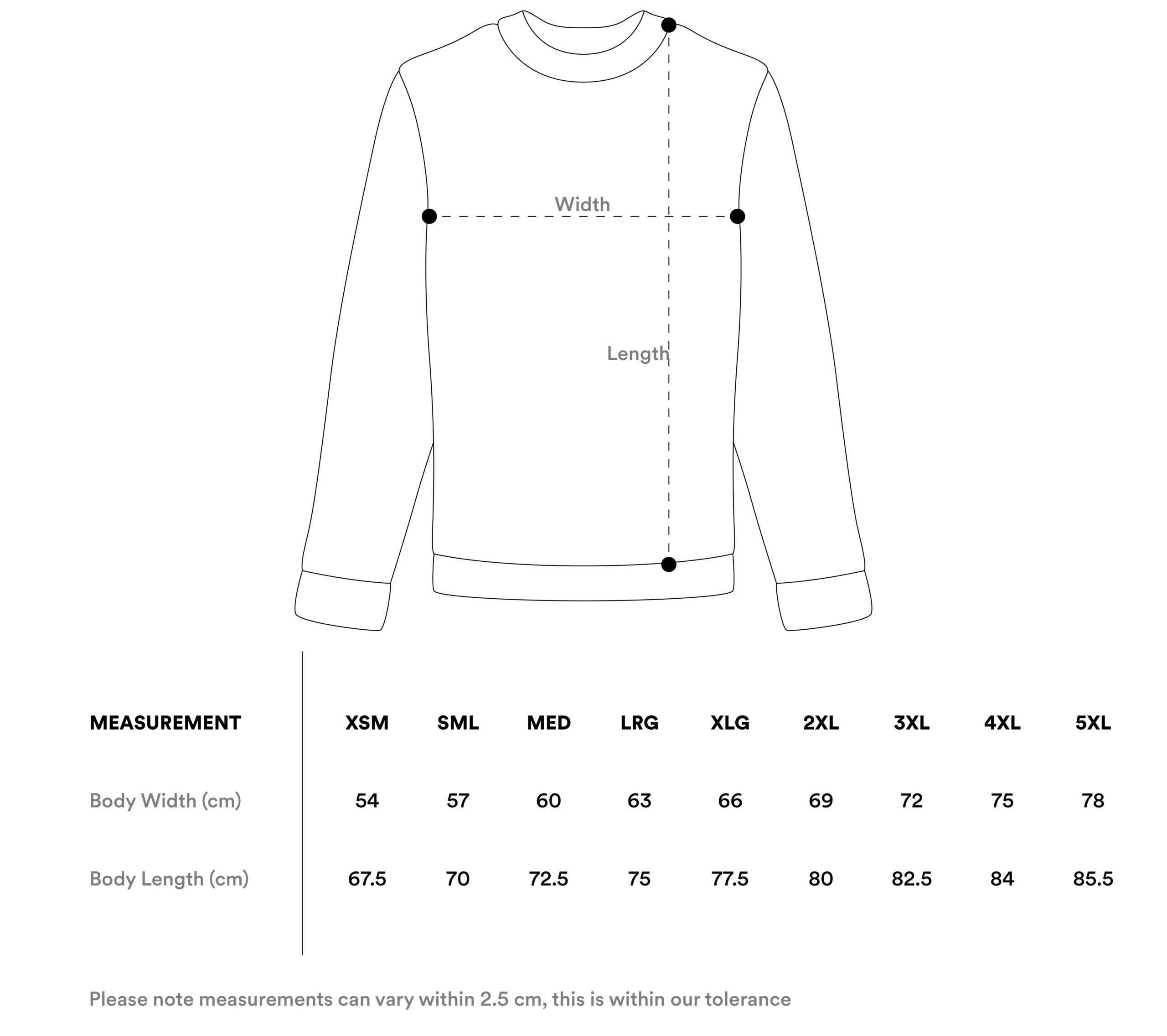 Sweatshirt size guide centimeters