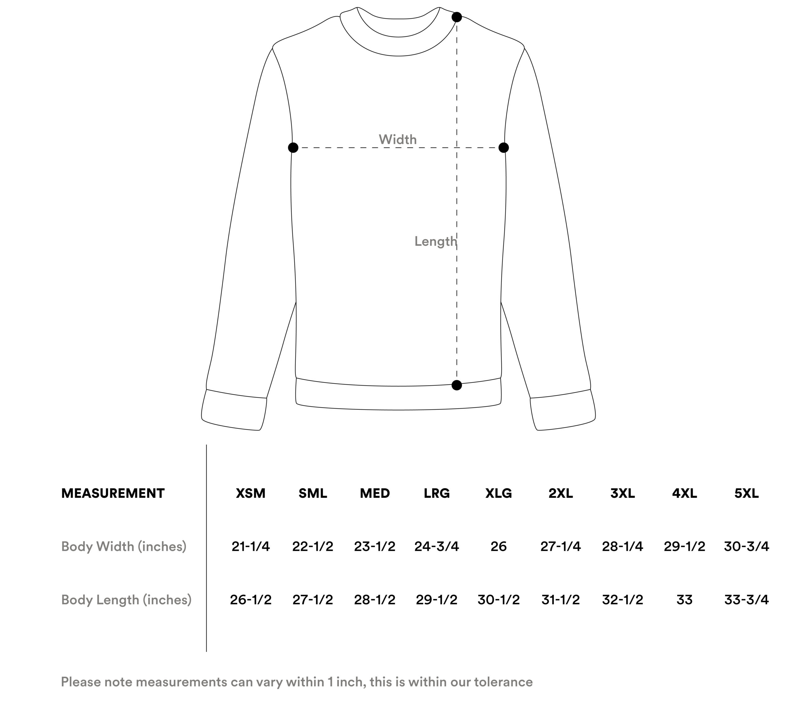 Sweatshirt size guide inches