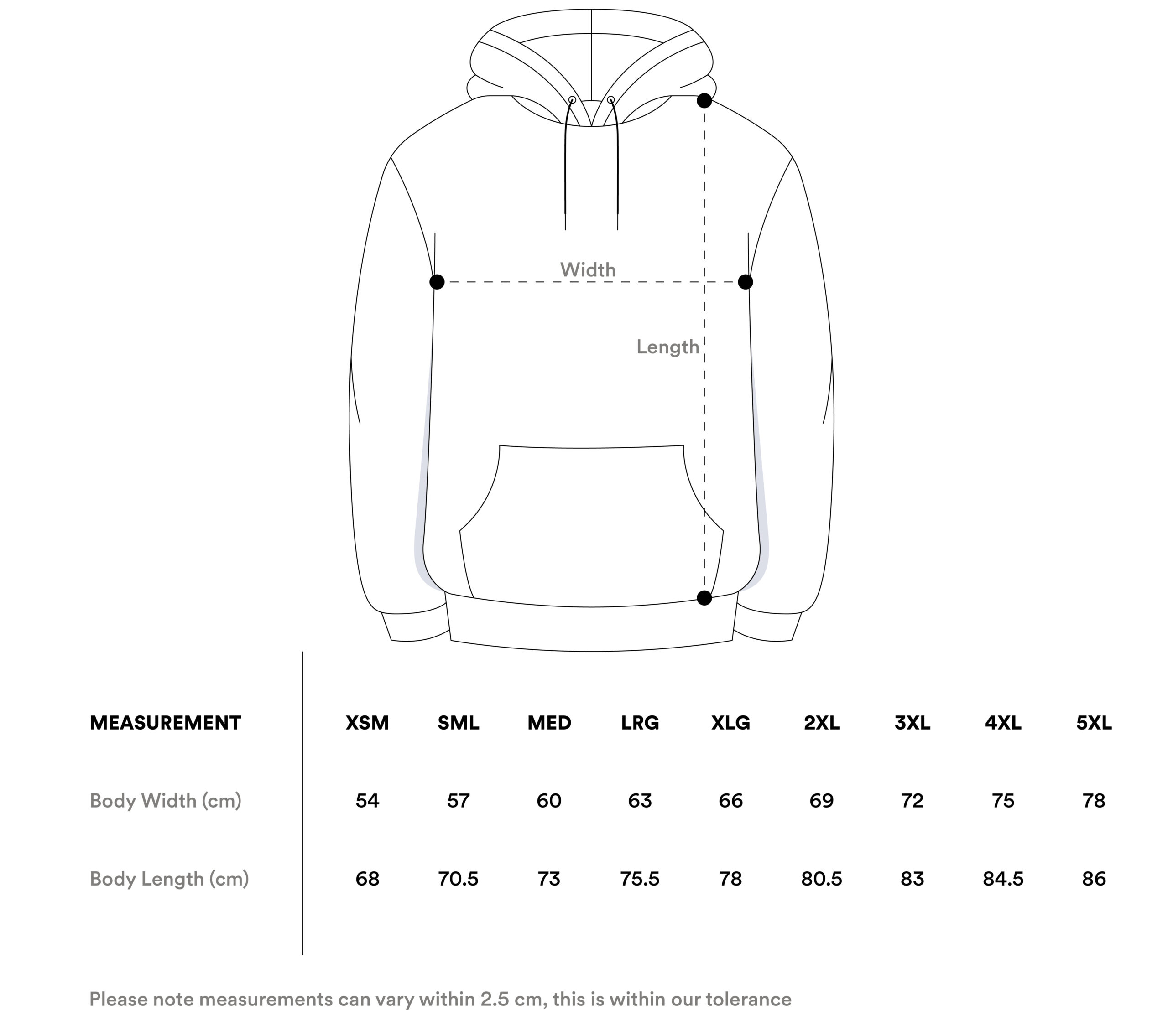 Hoodie size guide centimeters