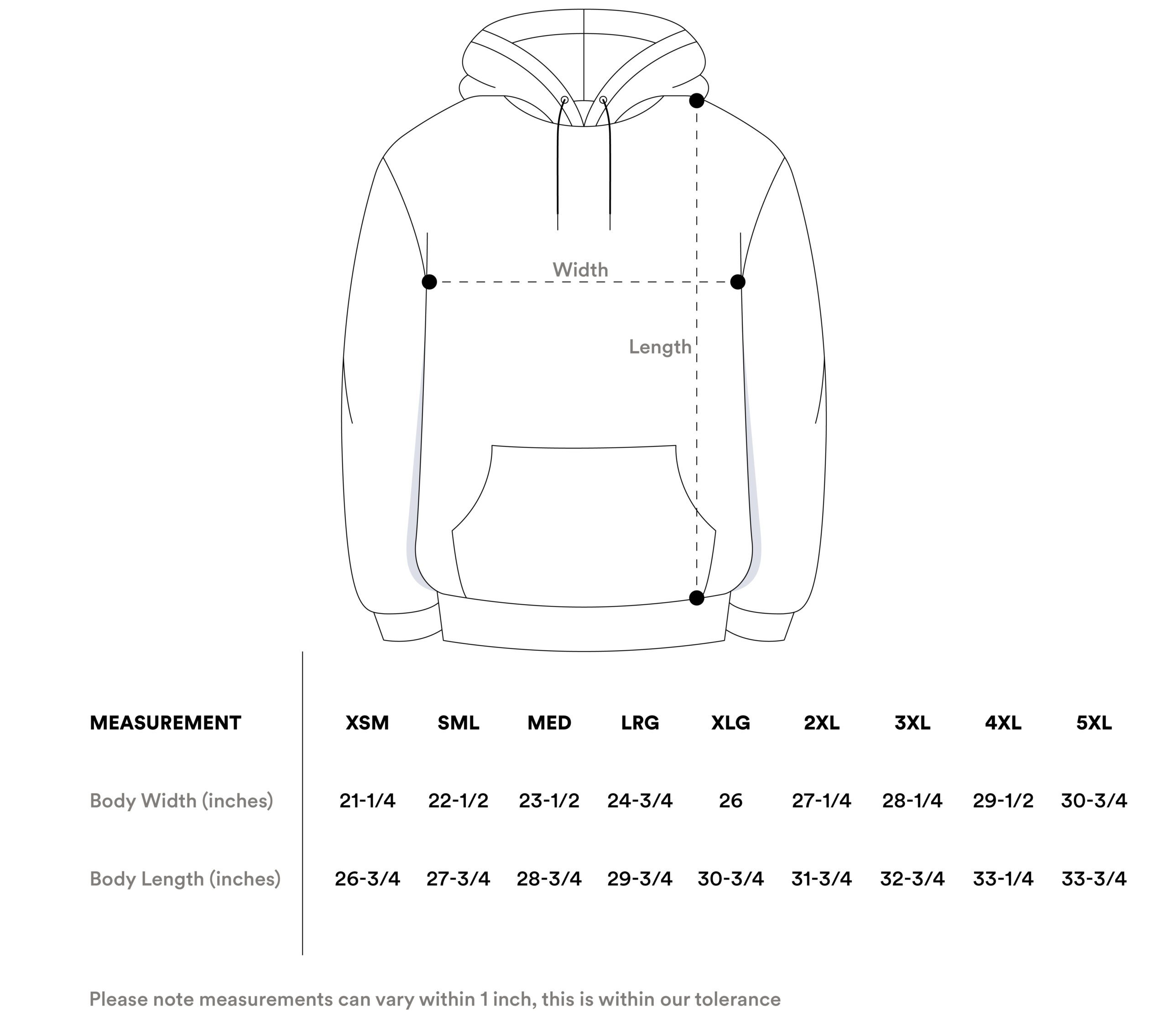 Hoodie size guide inches